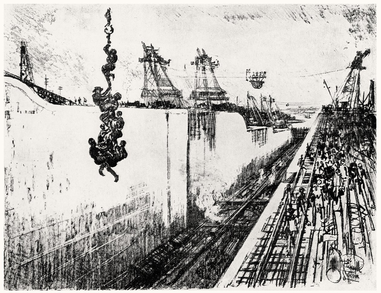 Dinner Time at Gatun, tallerken III fra Panamakanalen af Joseph Pennell, 1912 (kul på papir) af Joseph Pennell