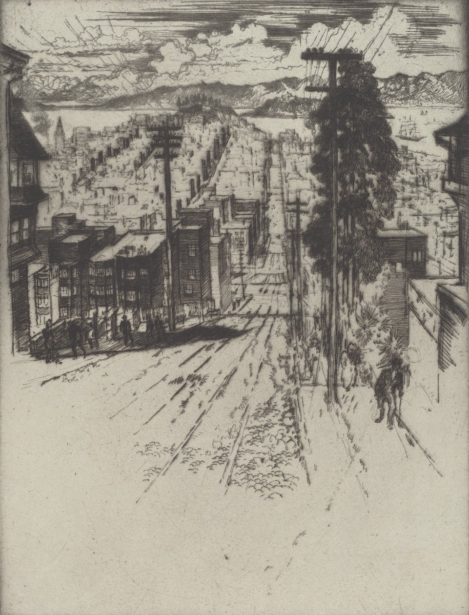 Ned og op ad bakkerne til bugten, San Francisco, 1912. af Joseph Pennell