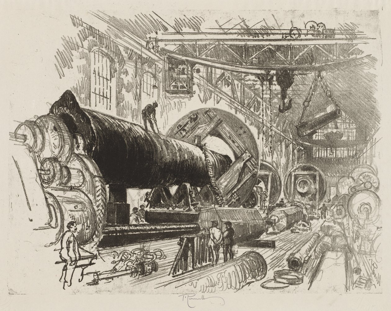Engelsk krigsarbejde: Cutting and Turning a Big Gun af Joseph Pennell