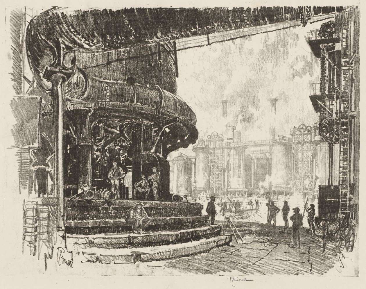 Engelsk krigsarbejde: Making Pig Iron, The Base of the Blast Furnaces af Joseph Pennell
