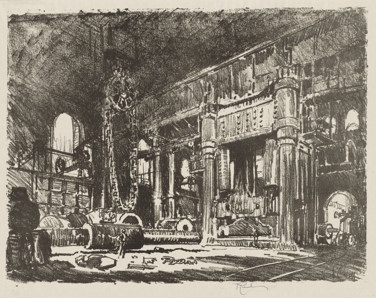 Engelsk krigsværk: The Gun Forge af Joseph Pennell