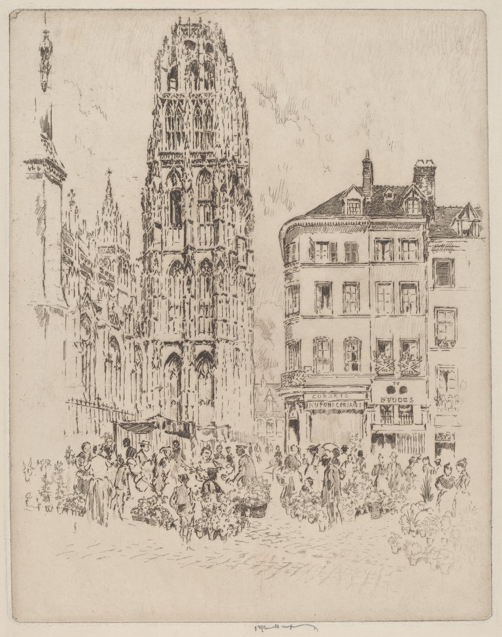 Blomstermarked og smørtårn, Rouen af Joseph Pennell