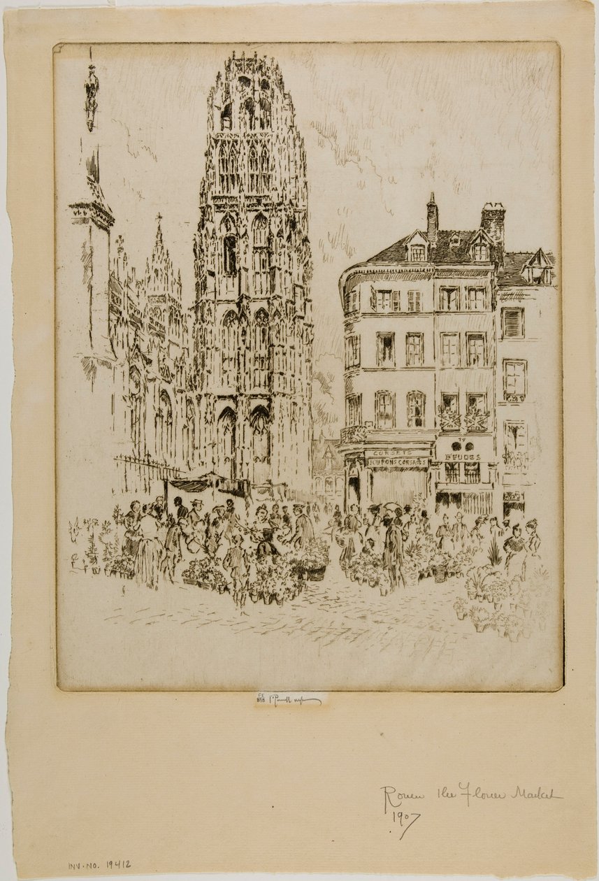Blomstermarked og smørtårn, Rouen af Joseph Pennell