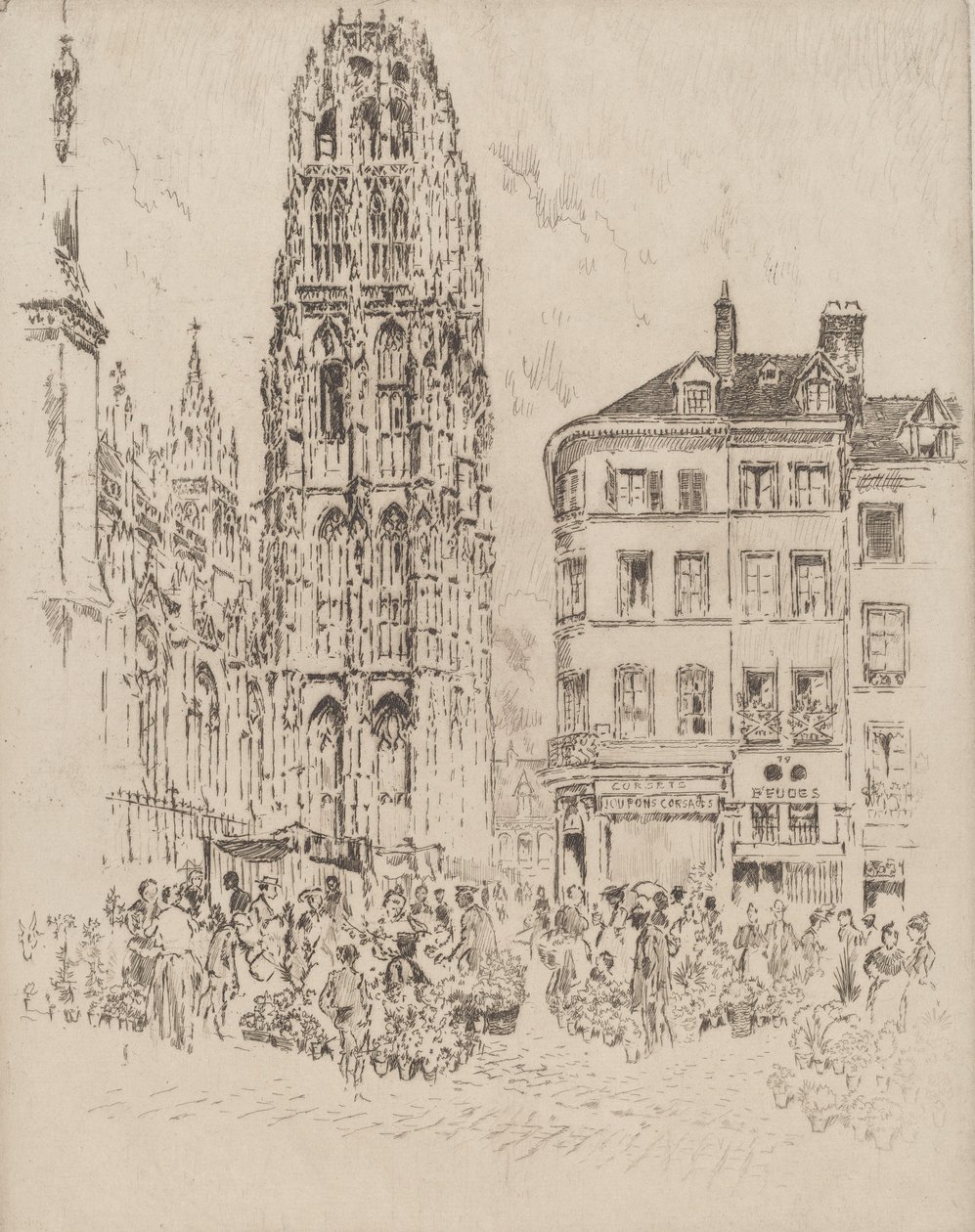 Blomstermarked og smørtårn, Rouen, 1907. af Joseph Pennell