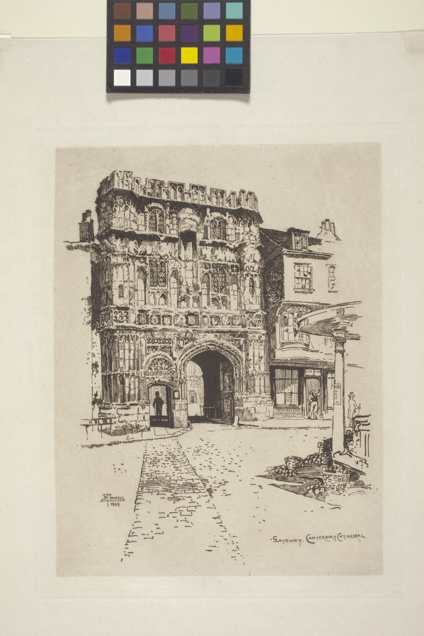 Gateway, Canterbury Cathedral (ætsning på indisk papir, chine collé) af Joseph Pennell