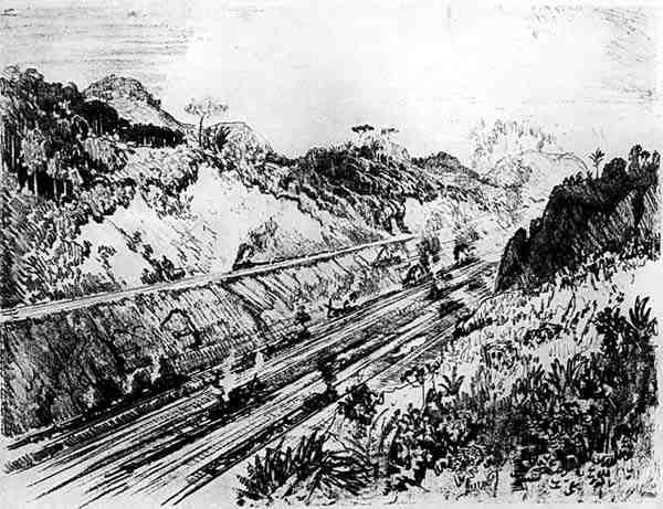 In the Cut at Las Cascades, plade XII fra Panamakanalen af Joseph Pennell, 1912 (kul på papir) af Joseph Pennell