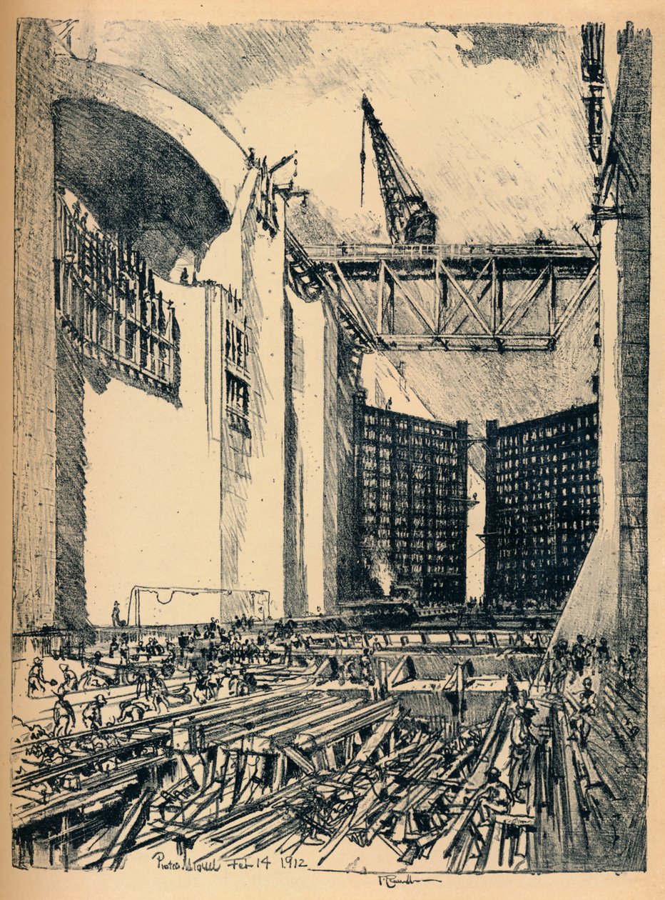 Gulvet til Pedro Miguel Lock, 1912 af Joseph Pennell