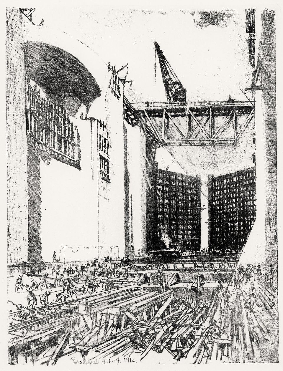 Gulvlægning: Pedro Miguel Lock, plade XVIII fra Panamakanalen af Joseph Pennell, 14. februar 1912 (kul) af Joseph Pennell