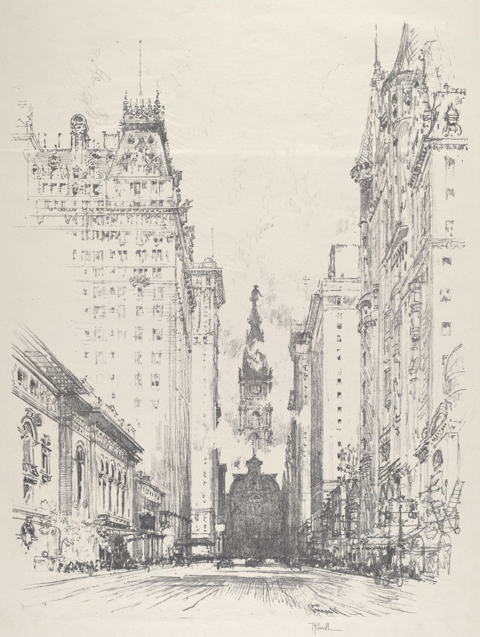 Kigger op ad Broad Street fra Spruce Street af Joseph Pennell