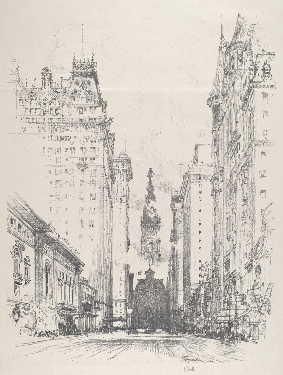Udsigt op ad Broad Street fra Spruce Street af Joseph Pennell