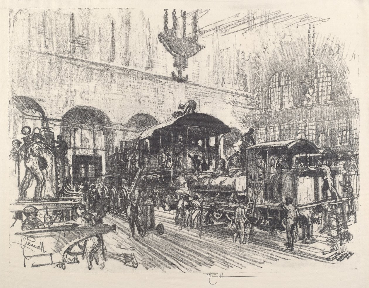 Fremstilling af krigslokomotiver, 1917. af Joseph Pennell