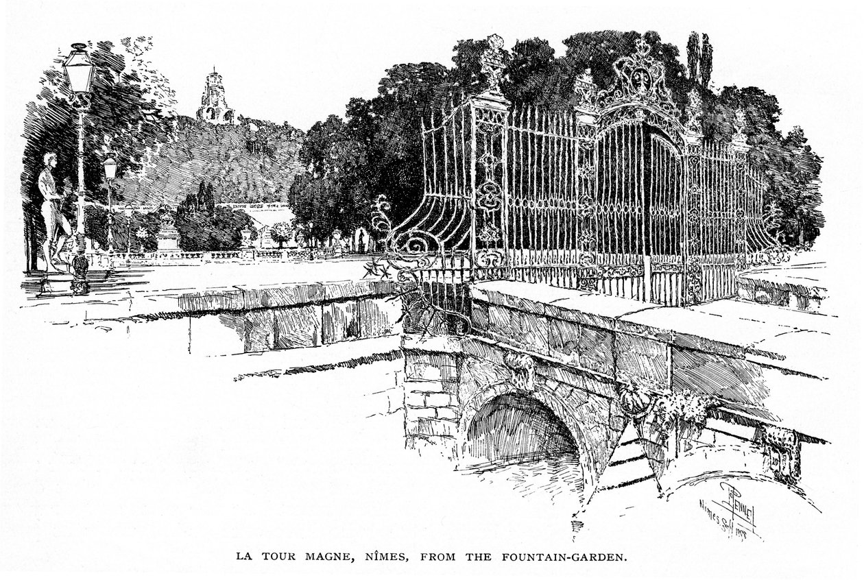 Nimes (Gard, Languedoc): Magne-tårnet set fra Fontaine-haven i 1888 (kobberstik) af Joseph Pennell