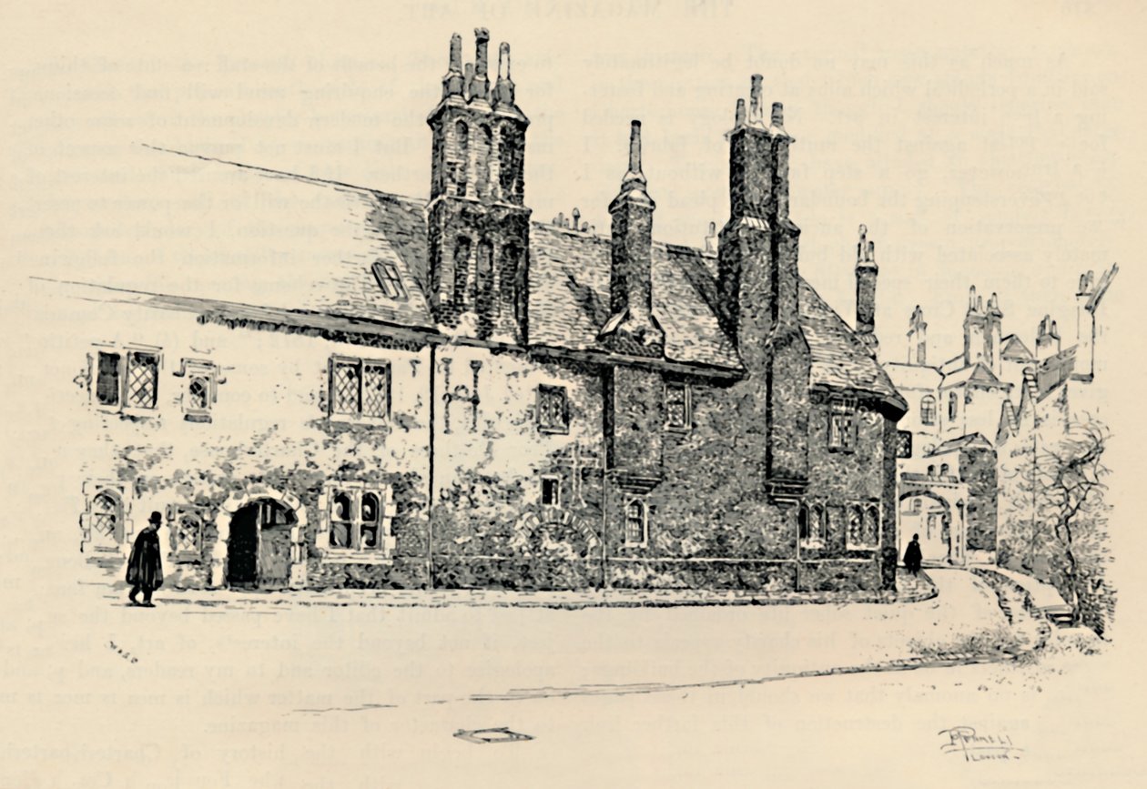 Old Charterhouse: Udvendig facade af Washhouse Court, med den indre port, 1886 af Joseph Pennell