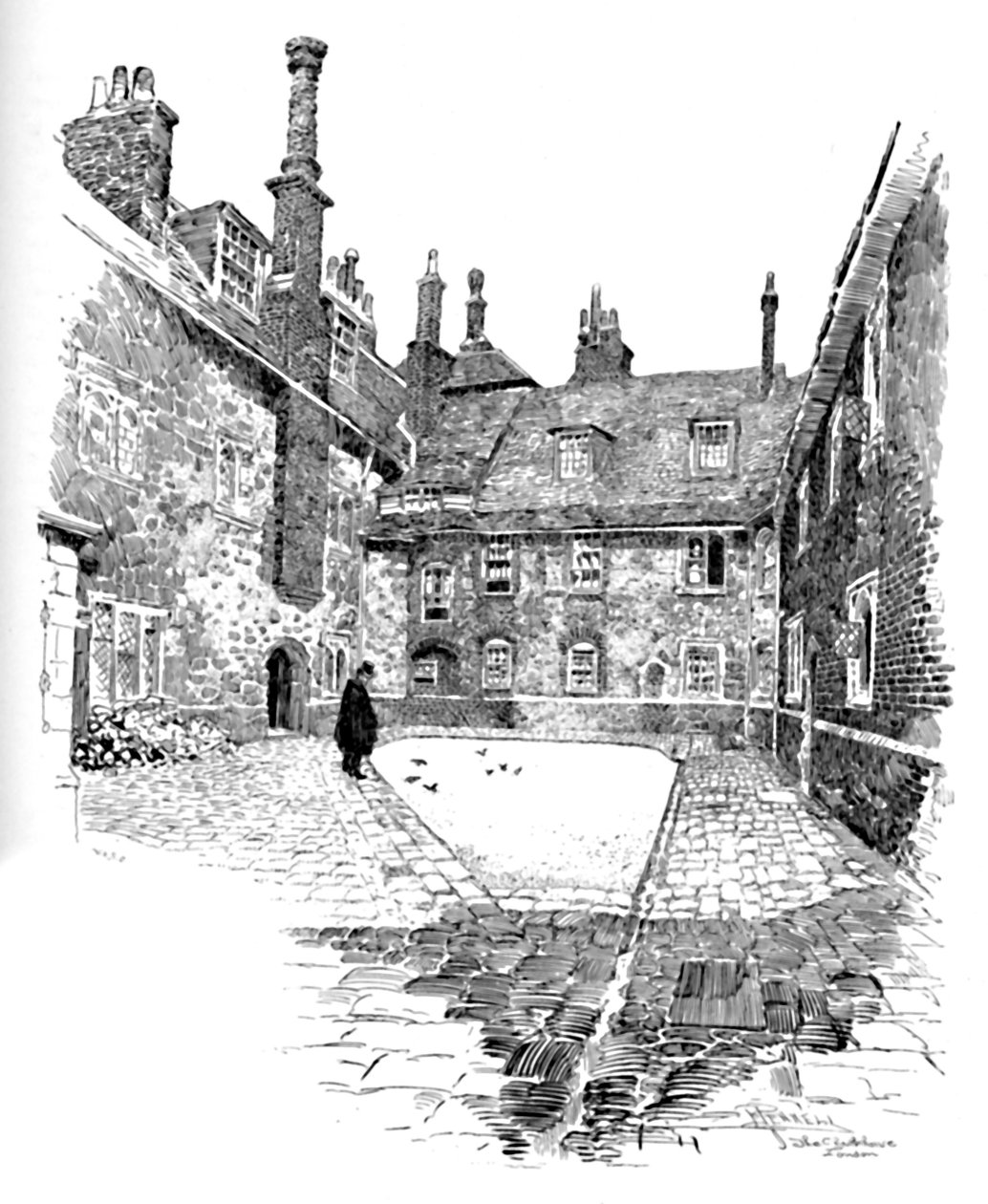 Old Charterhouse: I Washhouse Court, 1886 af Joseph Pennell
