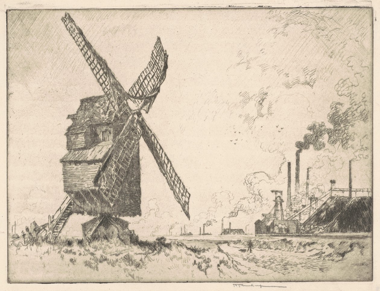 Gamle og nye møller, Valenciennes, 1910. af Joseph Pennell