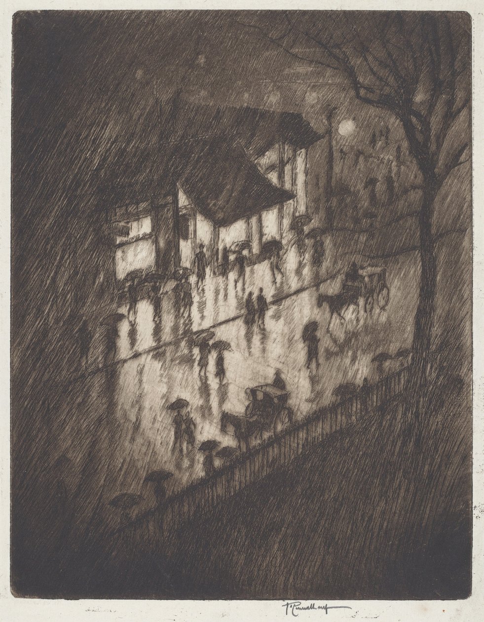 Rainy Night, Charing Cross-butikker af Joseph Pennell