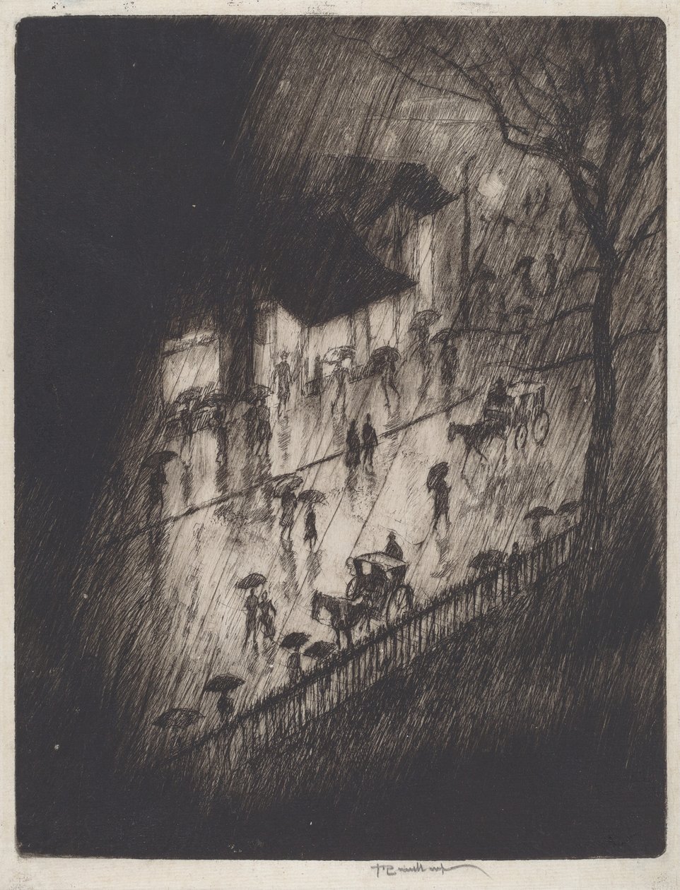 Rainy Night, Charing Cross-butikker af Joseph Pennell