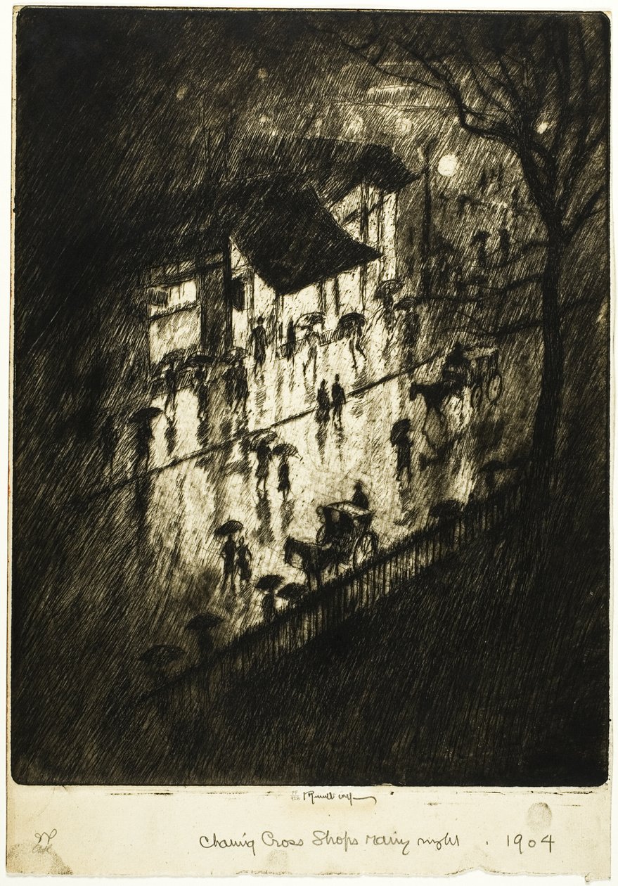 Rainy Night, Charing Cross-butikker af Joseph Pennell
