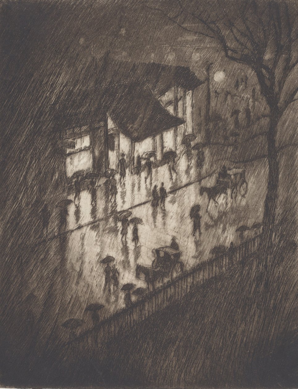 Rainy Night, Charing Cross Shops, 1903. af Joseph Pennell