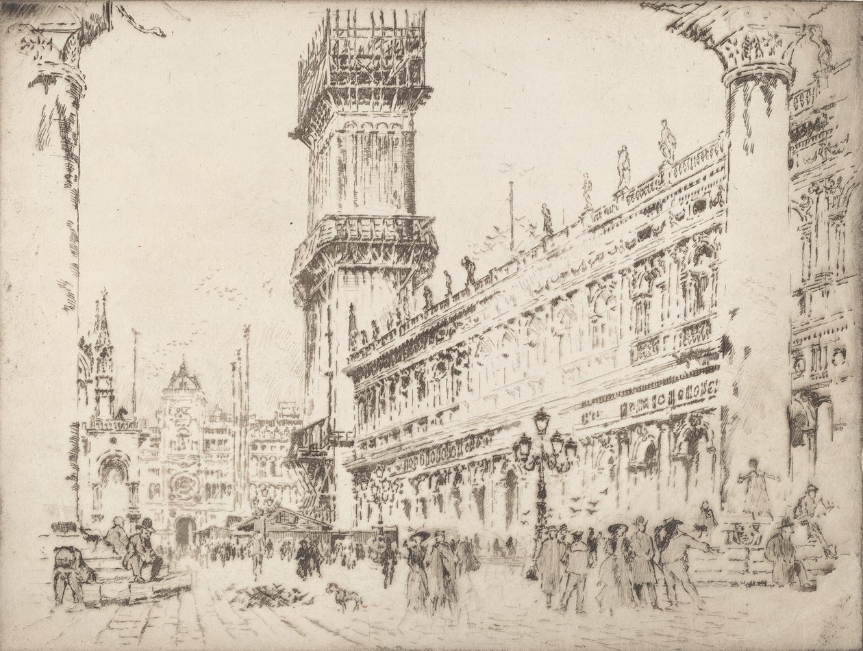 Genopbygning af Campanile, Venedig, No.II, 1911. af Joseph Pennell