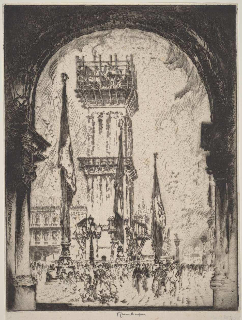 Genopbygningen af Campanile, Venedig, nr. I af Joseph Pennell