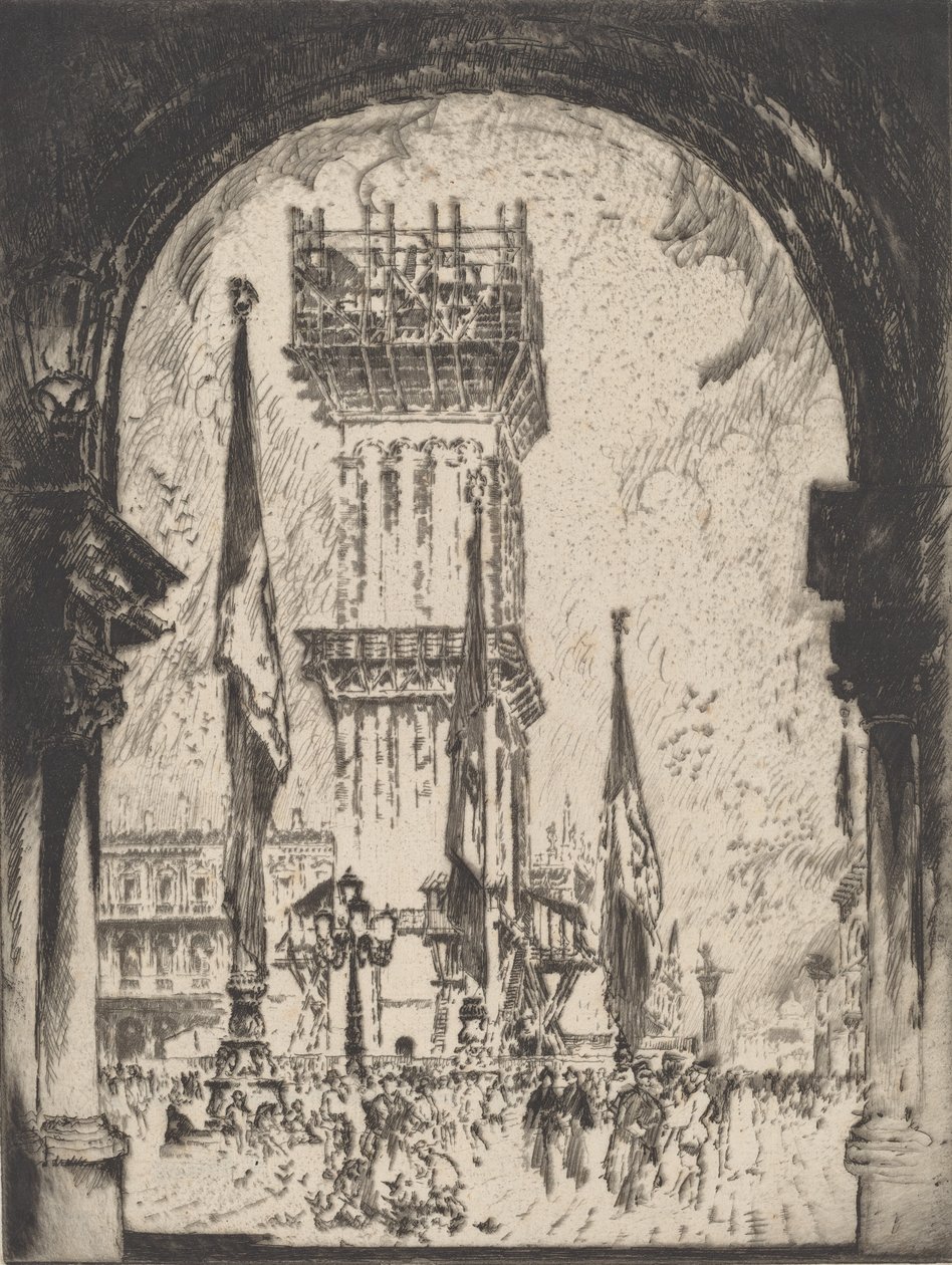 Genopbygning af Campanile, Venedig, No.I, 1911. af Joseph Pennell