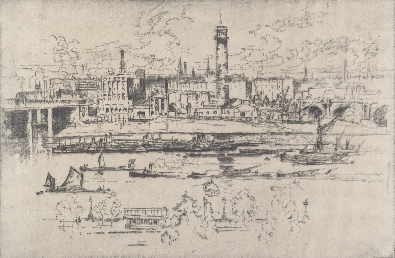Shot Tower between the Bridges, 1910. af Joseph Pennell