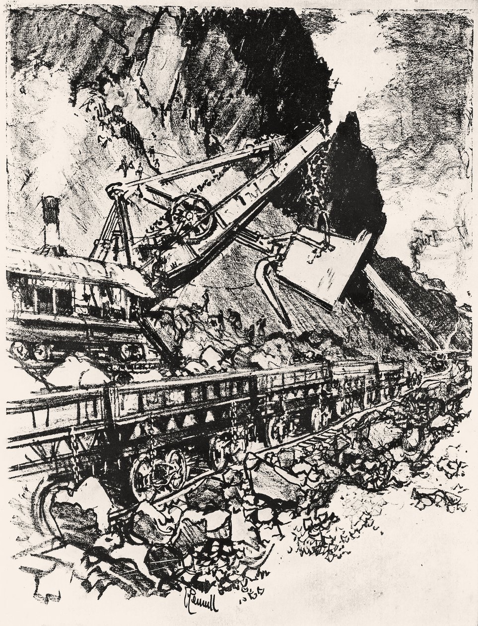 Steam Shovel Work: Culebra Cut, plade XIV fra Panamakanalen af Joseph Pennell, 1912 (kul på papir) af Joseph Pennell