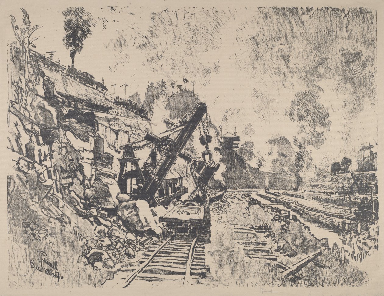 Dampskovl på arbejde i Culebra Cut, 1912. af Joseph Pennell