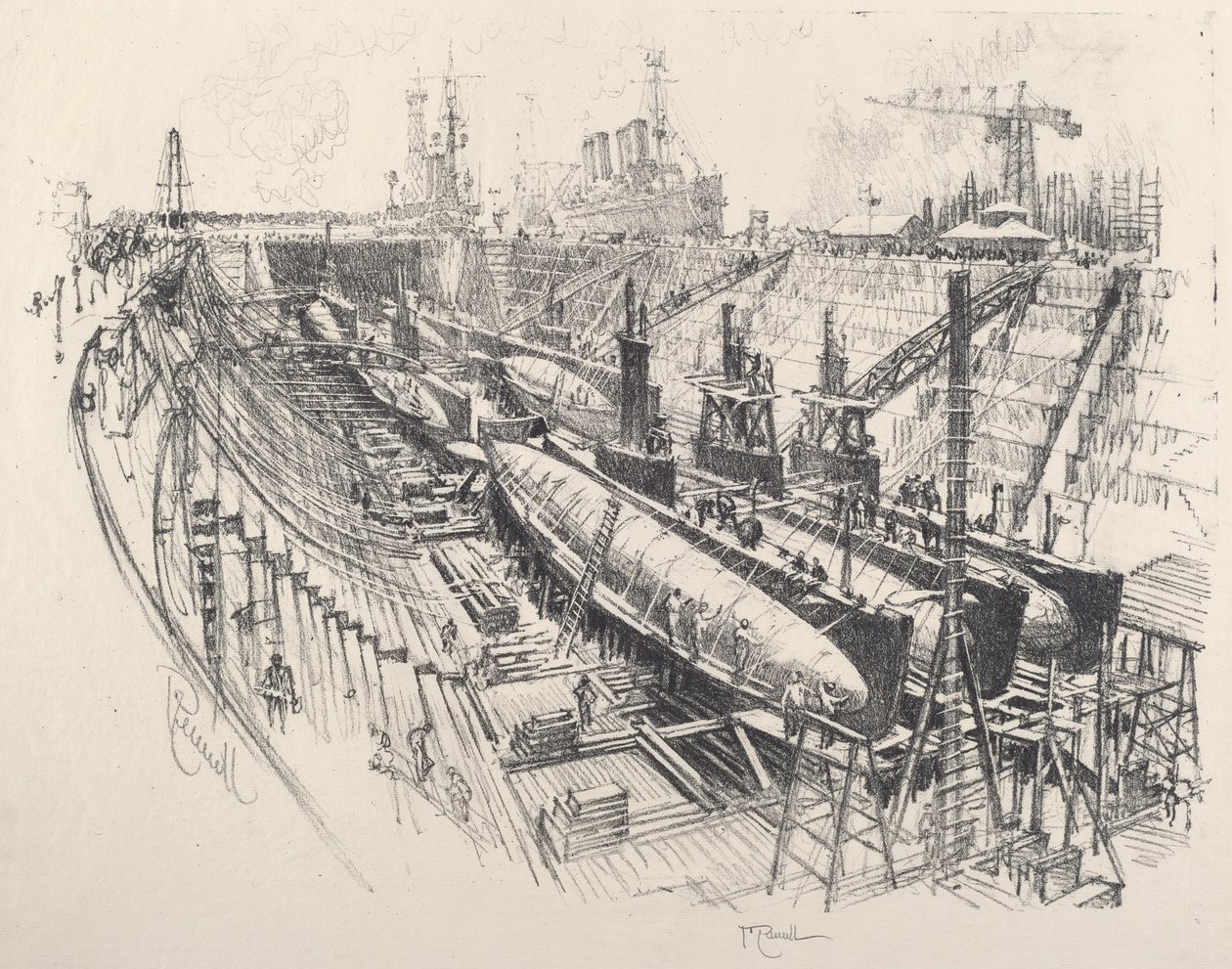 Ubåde i tørdok af Joseph Pennell