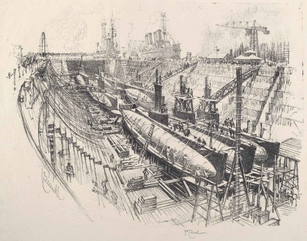 Ubåde i tørdok af Joseph Pennell
