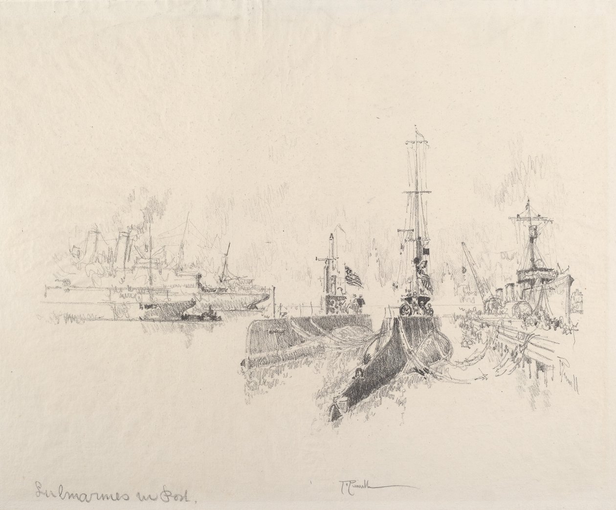 Ubåde i havn, 1917. af Joseph Pennell