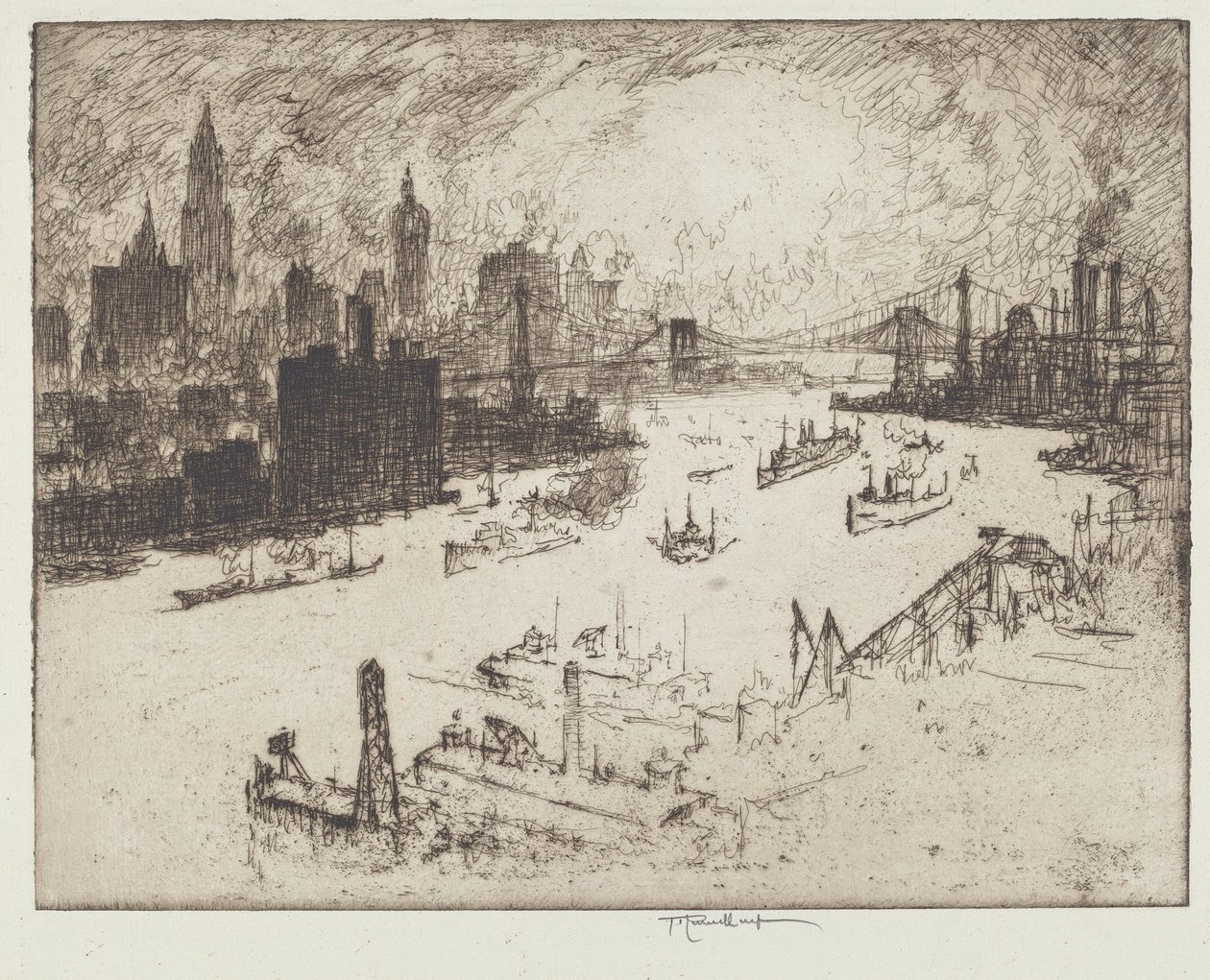 Solnedgang fra Williamsburg Bridge af Joseph Pennell
