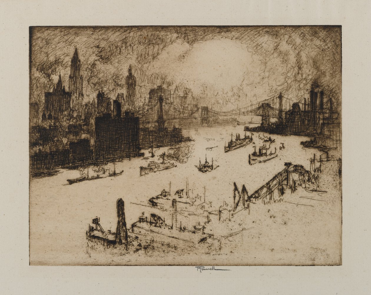 Solnedgang fra Williamsburg Bridge, 1915 af Joseph Pennell