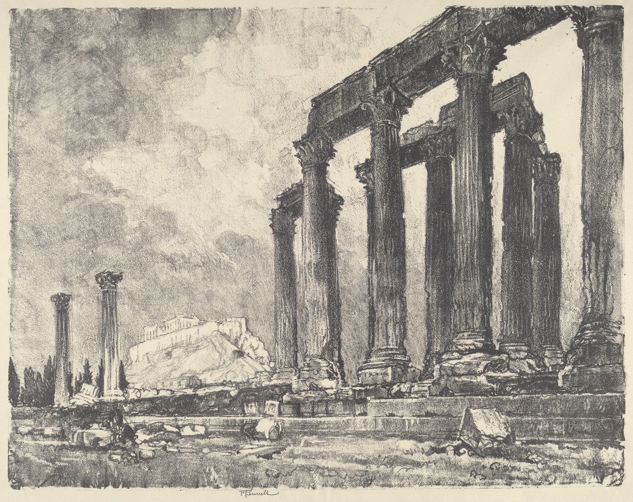 Akropolis set fra Jupitertemplet, Athen af Joseph Pennell