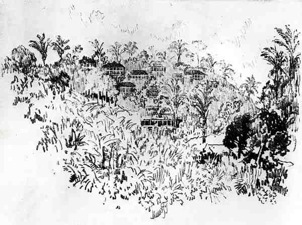The American Village, plade X fra Panamakanalen af Joseph Pennell, 1912 (kul på papir) af Joseph Pennell