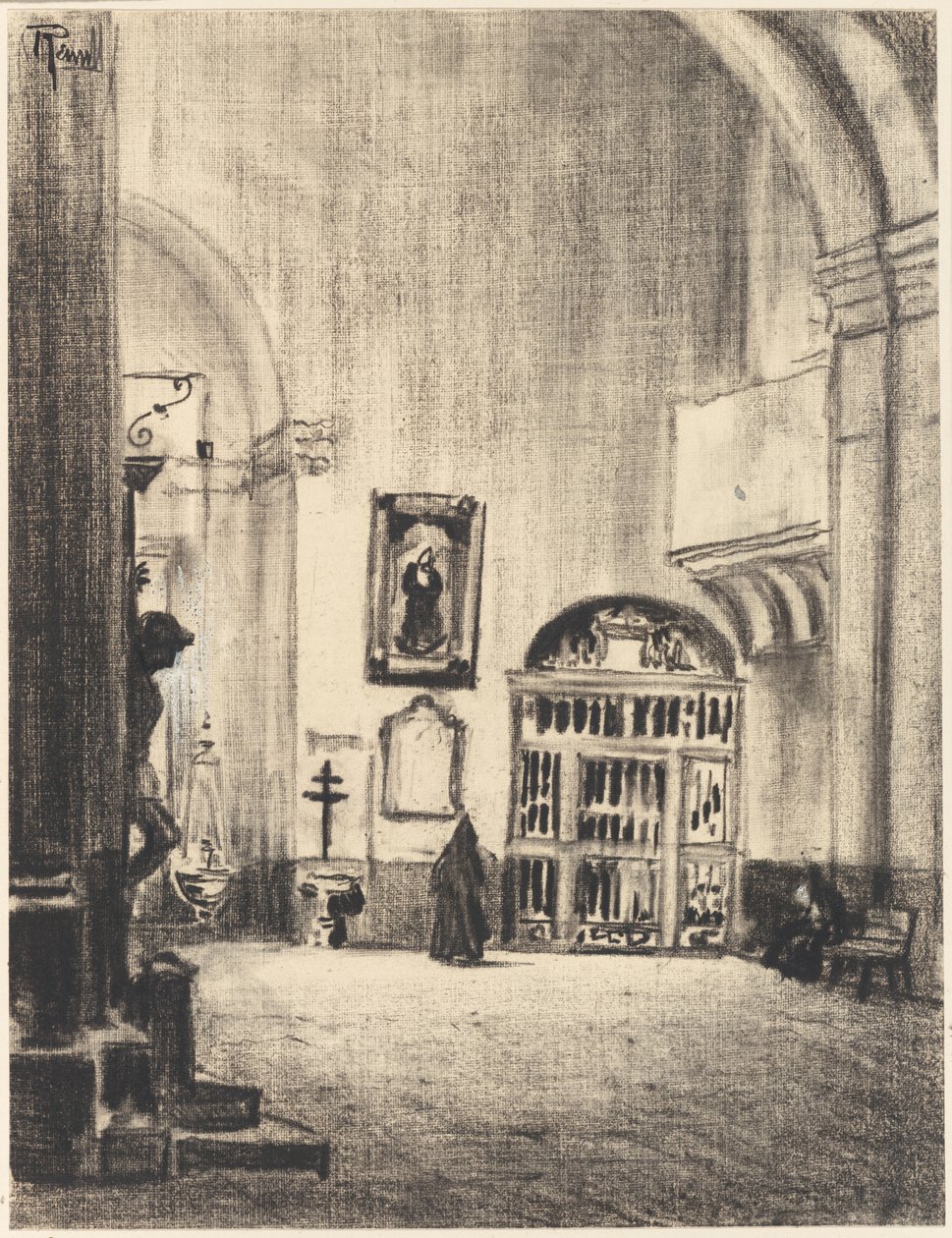 Cervantes-døbefonten, Santa Maria la Mayor, Alcalá af Joseph Pennell