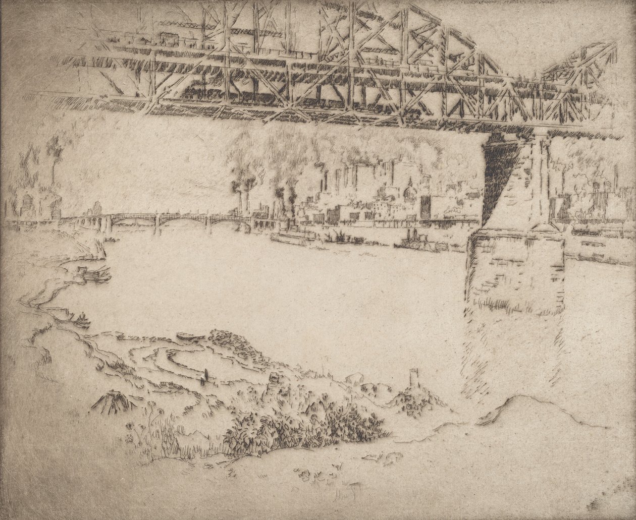 Bybroen, St. Louis, 1919. af Joseph Pennell