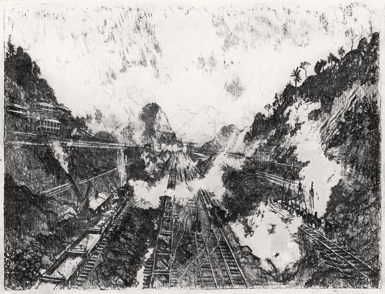 Snittet ser mod Ancon Hill, plade XVII fra Panamakanalen af Joseph Pennell, 1912 (kul på papir) af Joseph Pennell