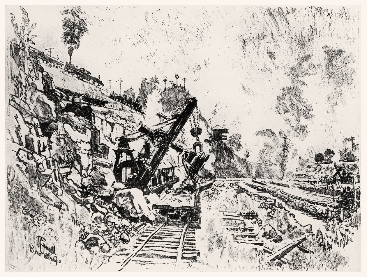 The Cut at Bas Obispo, plade XI fra Panamakanalen af Joseph Pennell, 1912 (kul på papir) af Joseph Pennell