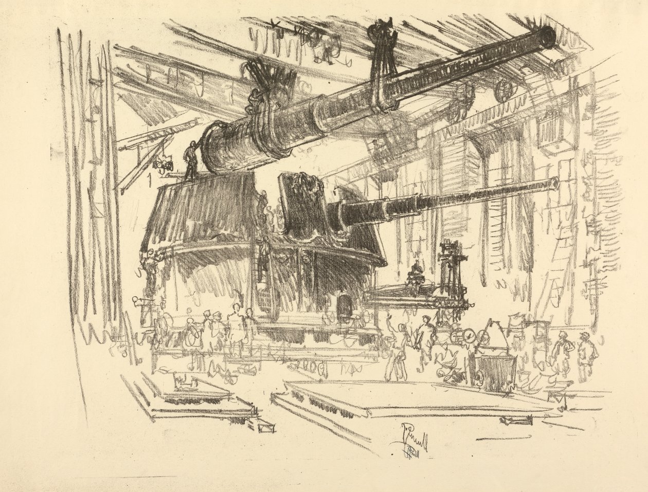 The English War Series: W. 448 Fitting Guns in Turrets af Joseph Pennell