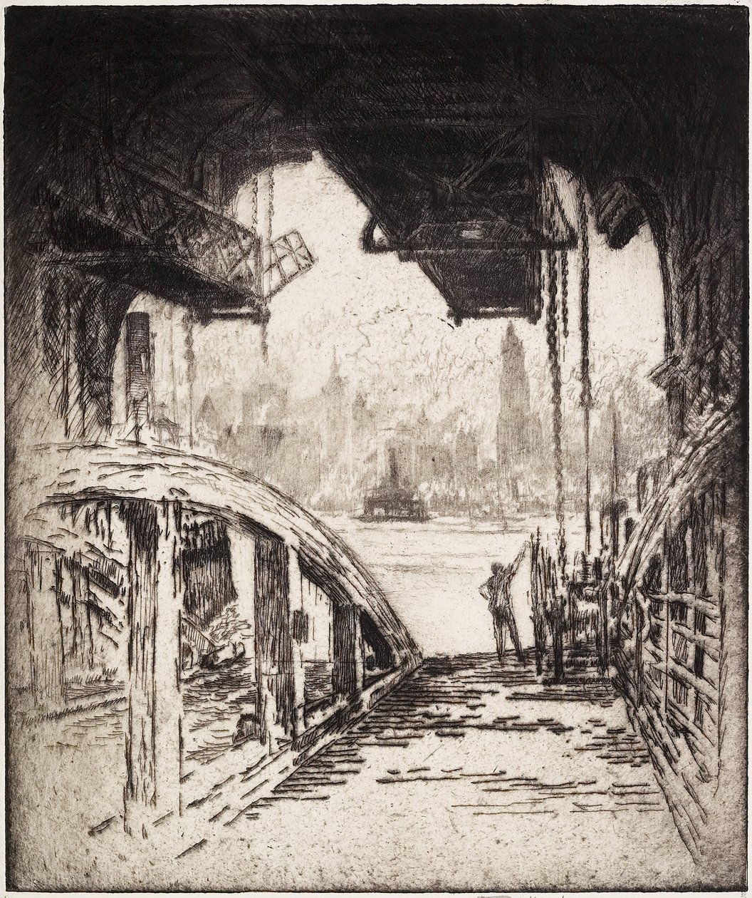 Færgehuset; Cortland Street Ferry fra Jersey City Side, 1919 af Joseph Pennell