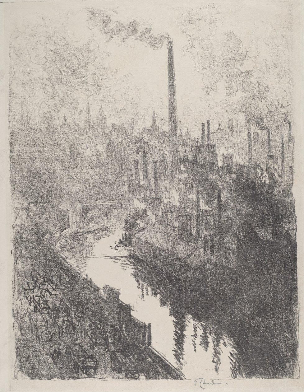 Den store skorsten, motorparken, 1916. af Joseph Pennell