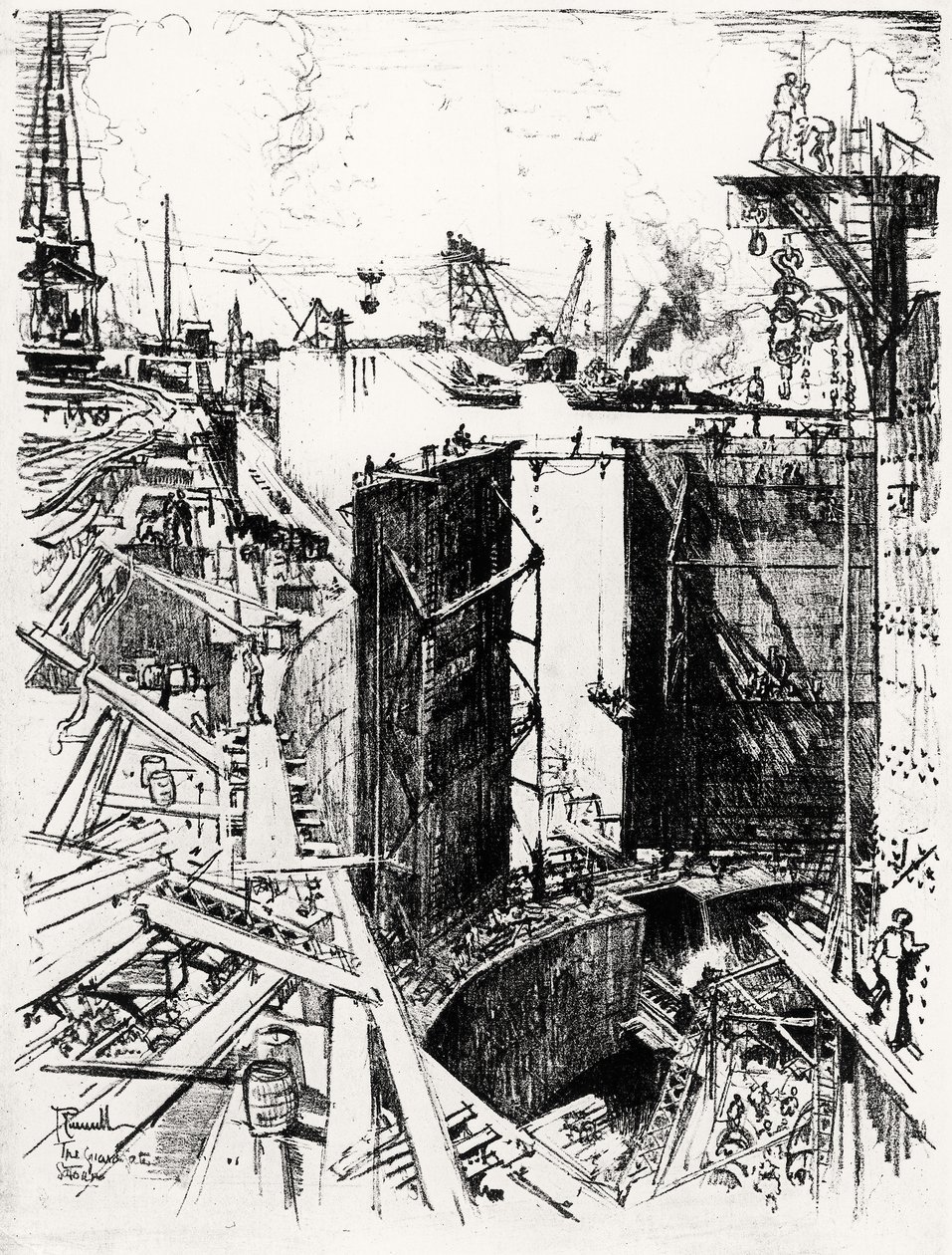 Vagtporten ved Gatun, plade V fra Panamakanalen af Joseph Pennell, 1912 (kul på papir) af Joseph Pennell