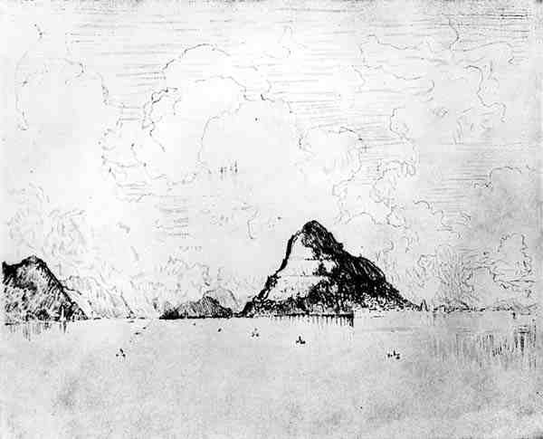 The Mouth of the Canal from the Sea, plade XXVIII fra The Panama Canal af Joseph Pennell, 1912 (kul på papir) af Joseph Pennell