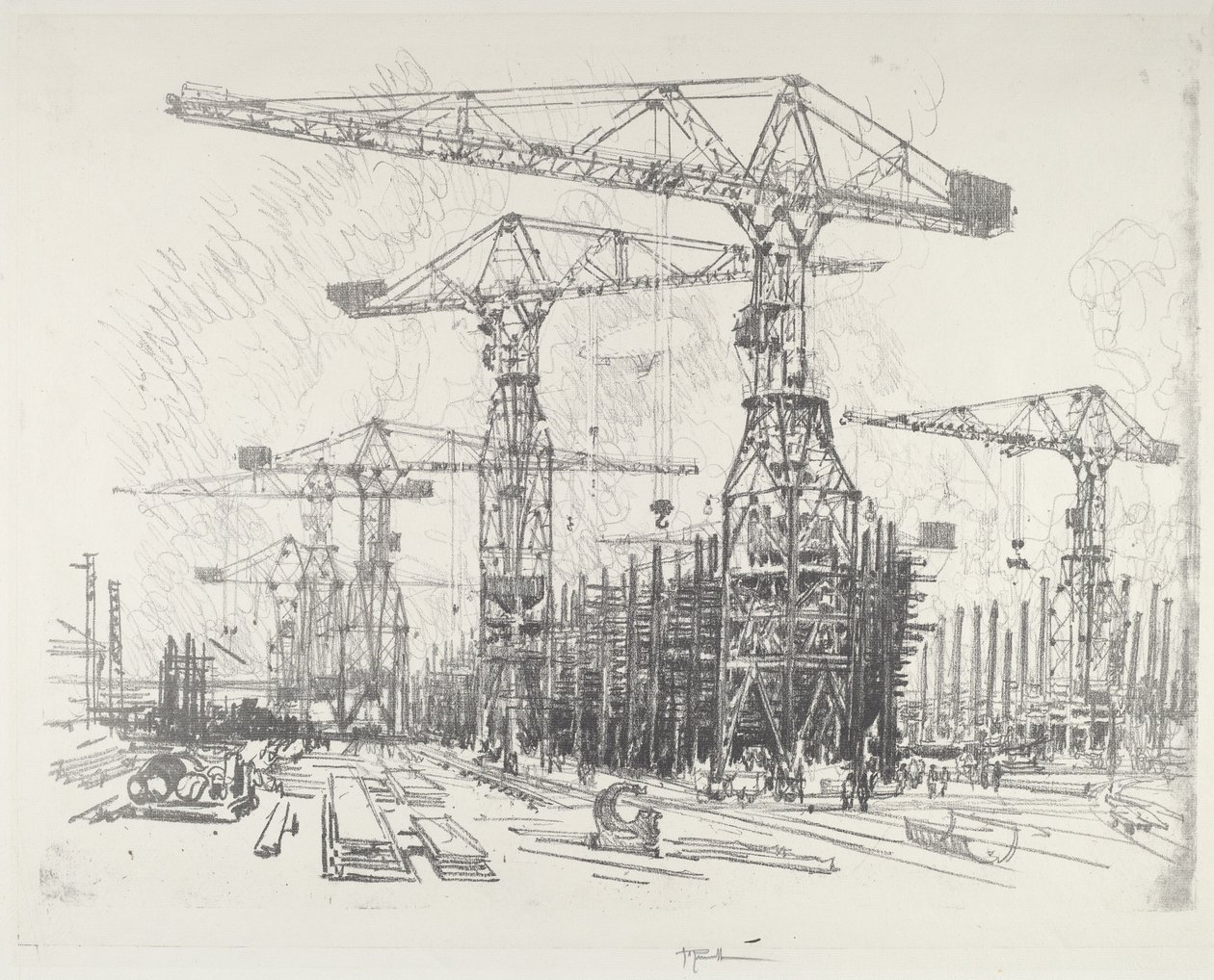 Det gamle Skibsværft, 1916. af Joseph Pennell