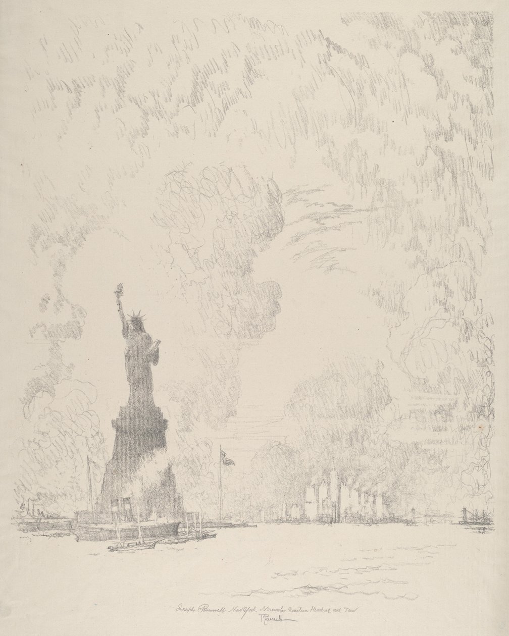 Statuen, New York Bay, 1910. af Joseph Pennell