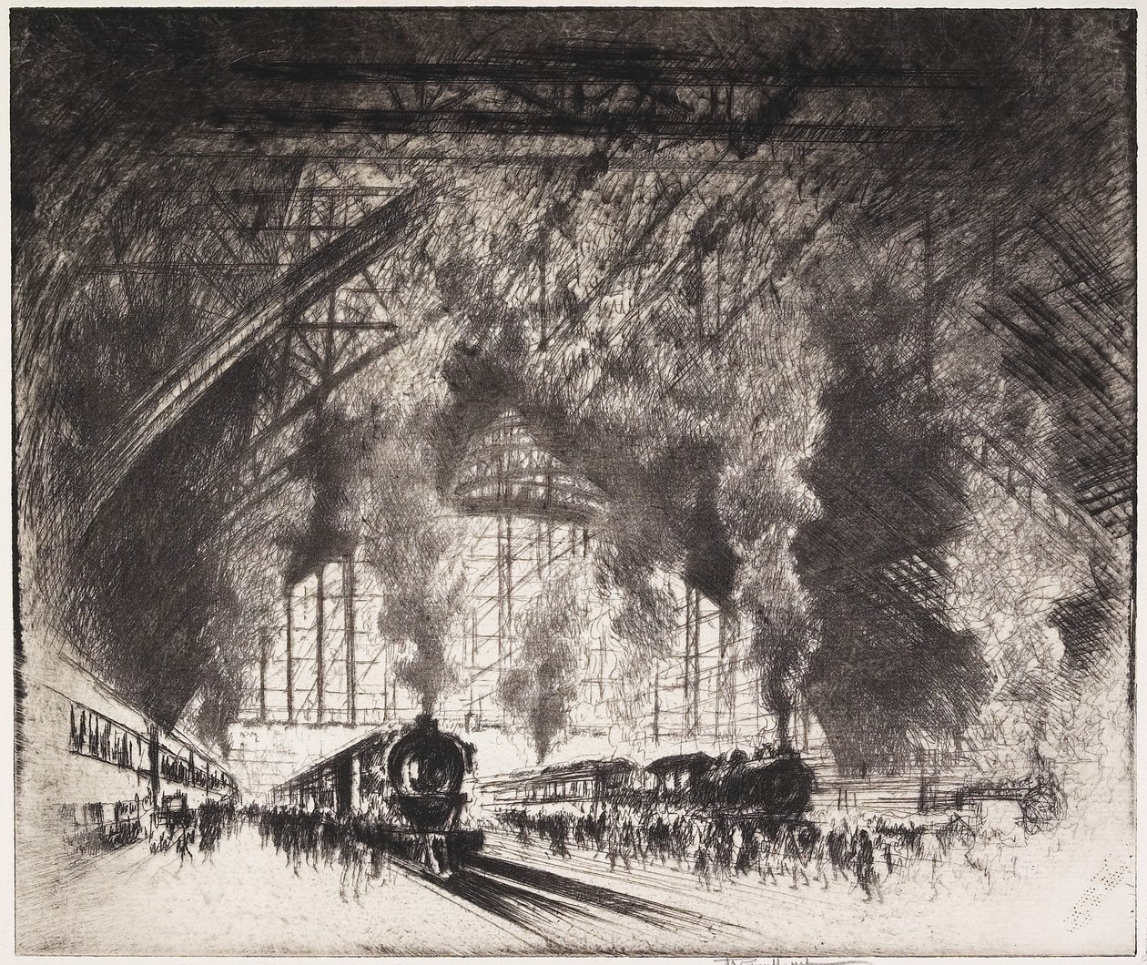 Togene, der kommer, og de tog, der kører, Pennsylvania Railroad, Philadelphia, 1919 af Joseph Pennell