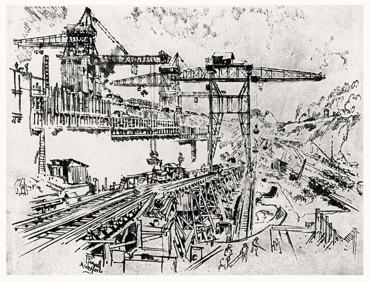 The Walls of Miraflores Lock, plade XXIII fra Panamakanalen af Joseph Pennell, 1912 (kul på papir) af Joseph Pennell