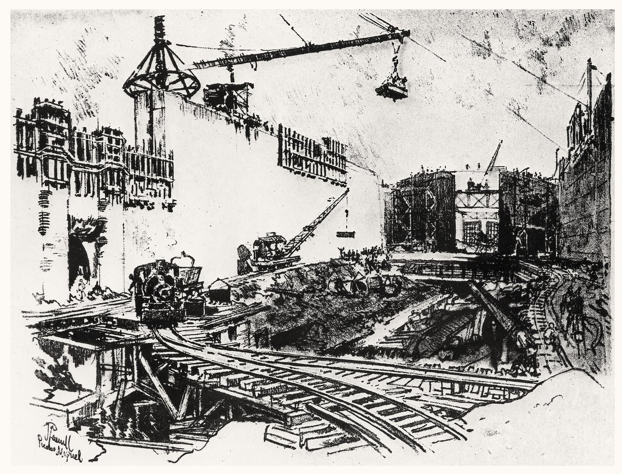 The Walls of Pedron Miguel, plade XX fra Panamakanalen af Joseph Pennell, 1912 (kul på papir) af Joseph Pennell